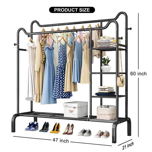Space-Saving Metal Clothes Stand by Matrix (D) – With Side Storage Shelves & Hooks
