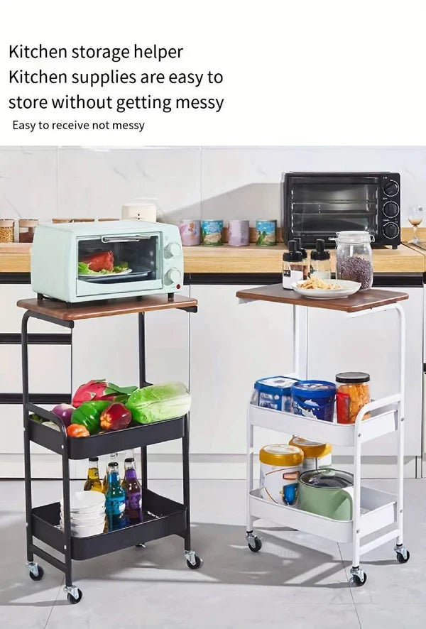 3-Tier Metal Rolling Cart with Wooden Top