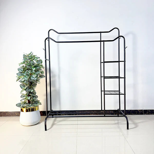 Space-Saving Metal Clothes Stand by Matrix (D) – With Side Storage Shelves & Hooks