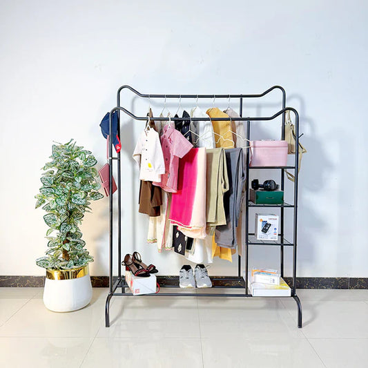 Space-Saving Metal Clothes Stand by Matrix (D) – With Side Storage Shelves & Hooks