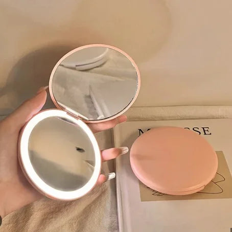 Portable Mini Led Makeup Mirror Folding Double-sided Small Round Rechargeable